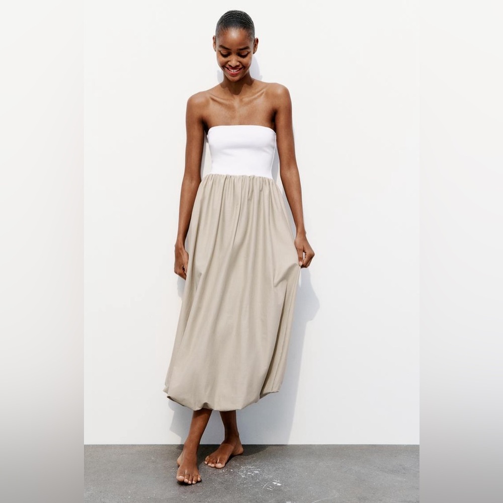 Zara COMBINATION BALLOON DRESS, Small, Light Khaki *NWT
